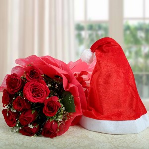 Red Roses with Christmas Cap