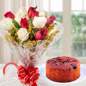 Red N White Roses with Plum Cake