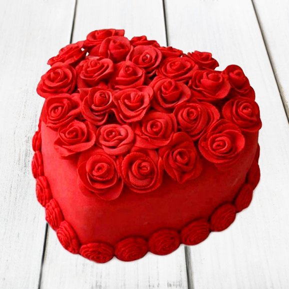 Flowery Red Heart Fondant Cake