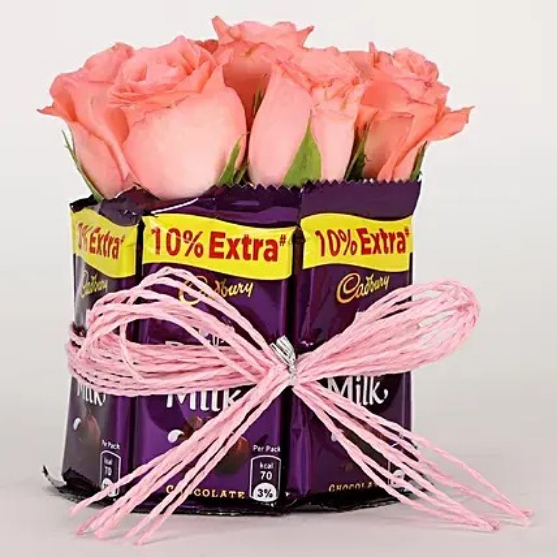 Dairy Milk & Pretty Pink Roses Arrangement