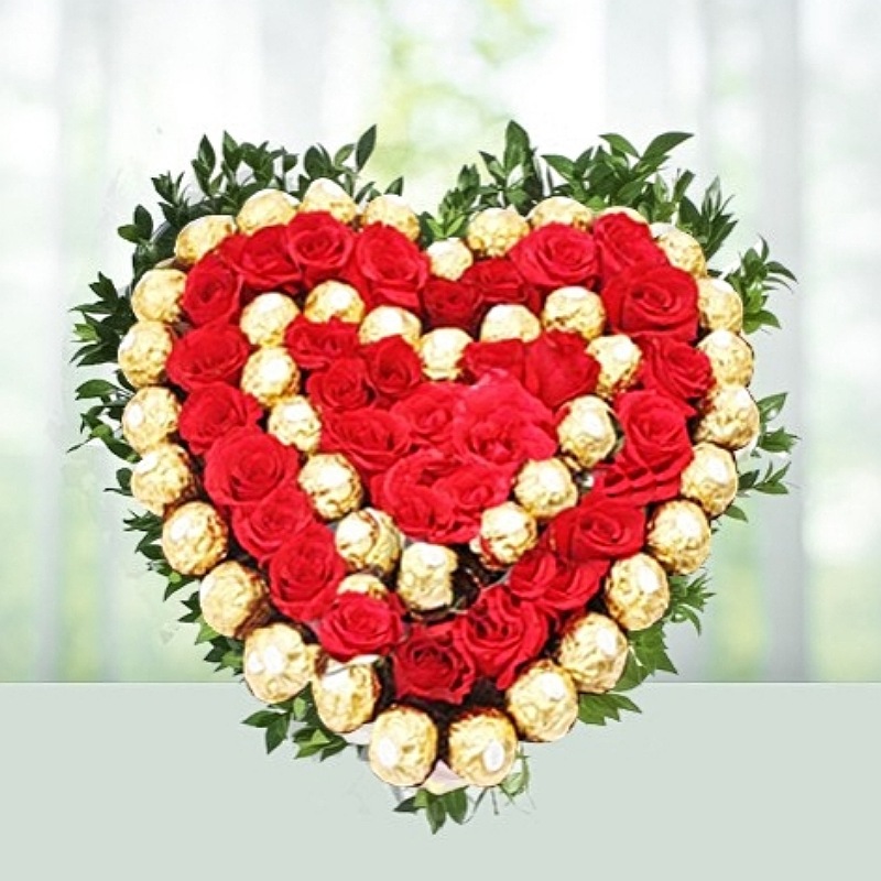 Red Roses N Ferrero Special Heart Arrangement
