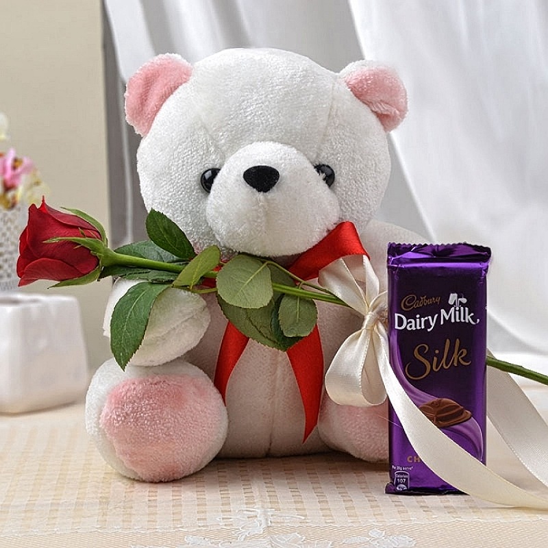 Lovely Soft Teddy With Rose N Silk