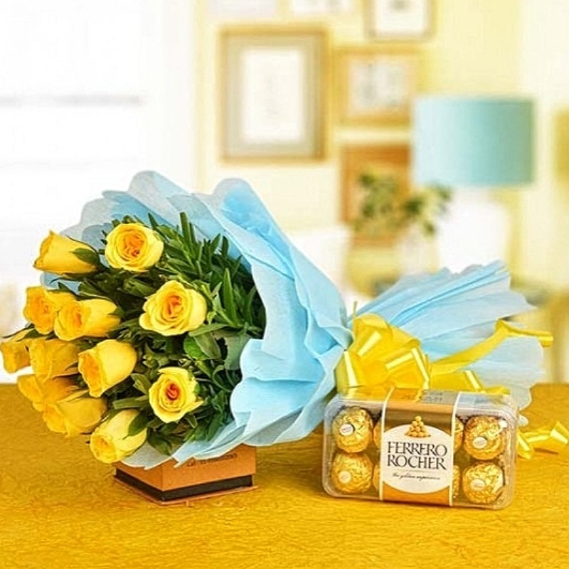 Blushing Yellow Roses N Ferrero Rocher