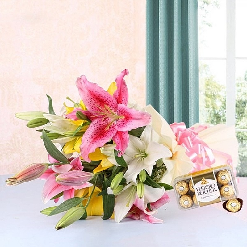Assorted Lilies With Ferrero Rocher
