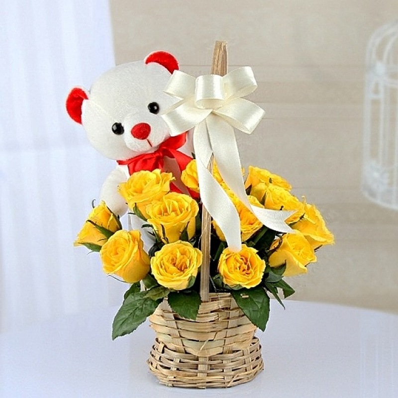 Yellow Rose Basket With Teddy