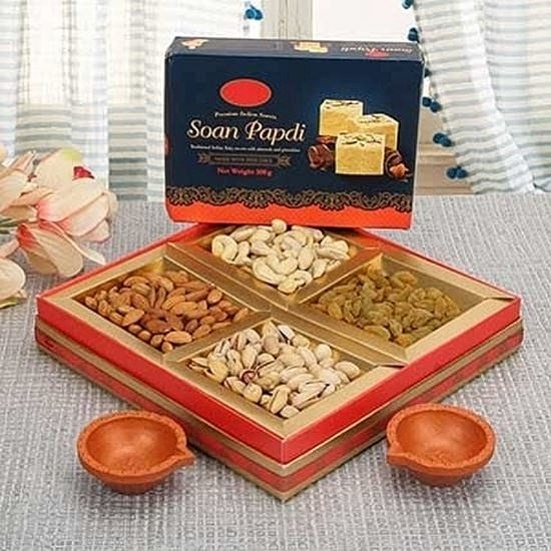 Dry Fruits With Soan Papdi & Diyas