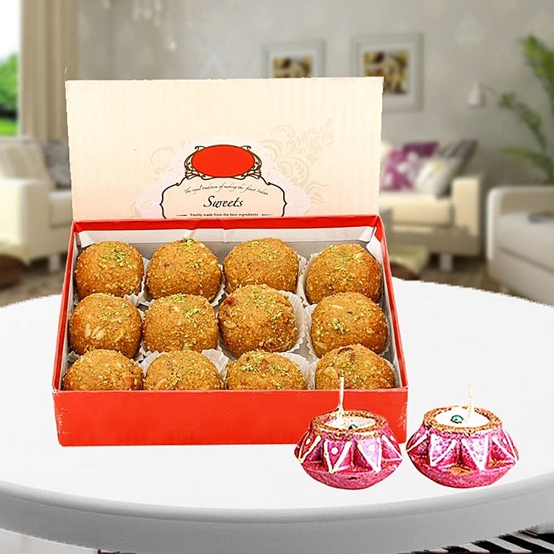 Box of Besan Laddu with Matka Diya