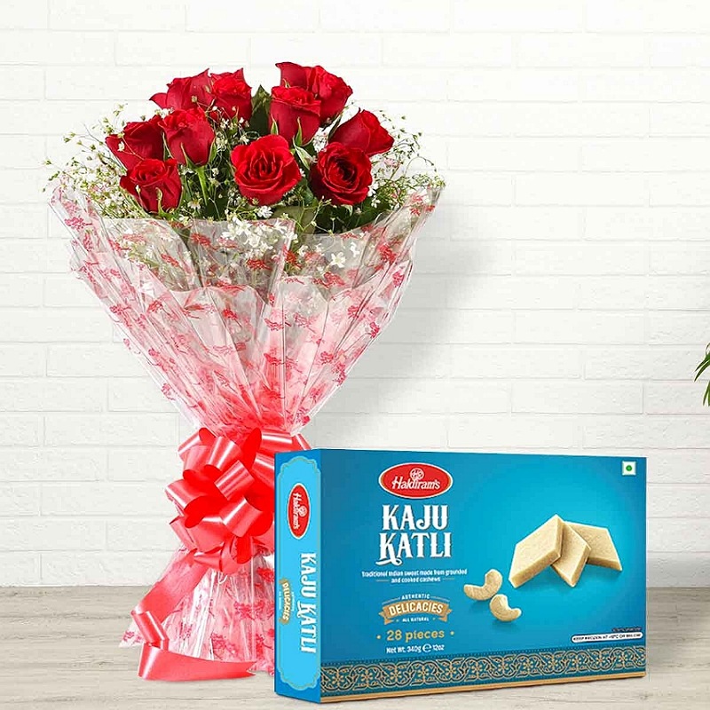 Red Roses With Kaju Katli