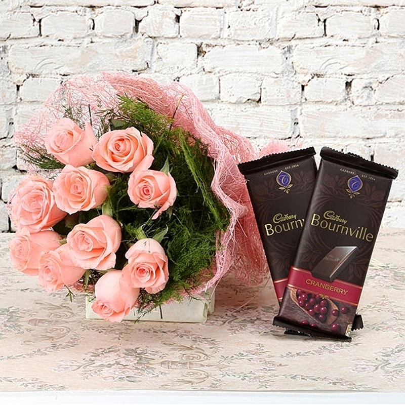 Pink Roses With Bournville Christmas Gifts