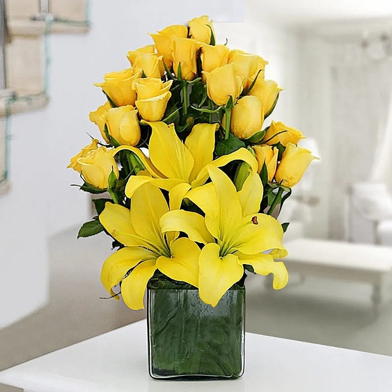 Yellow Roses & Lilies Vase