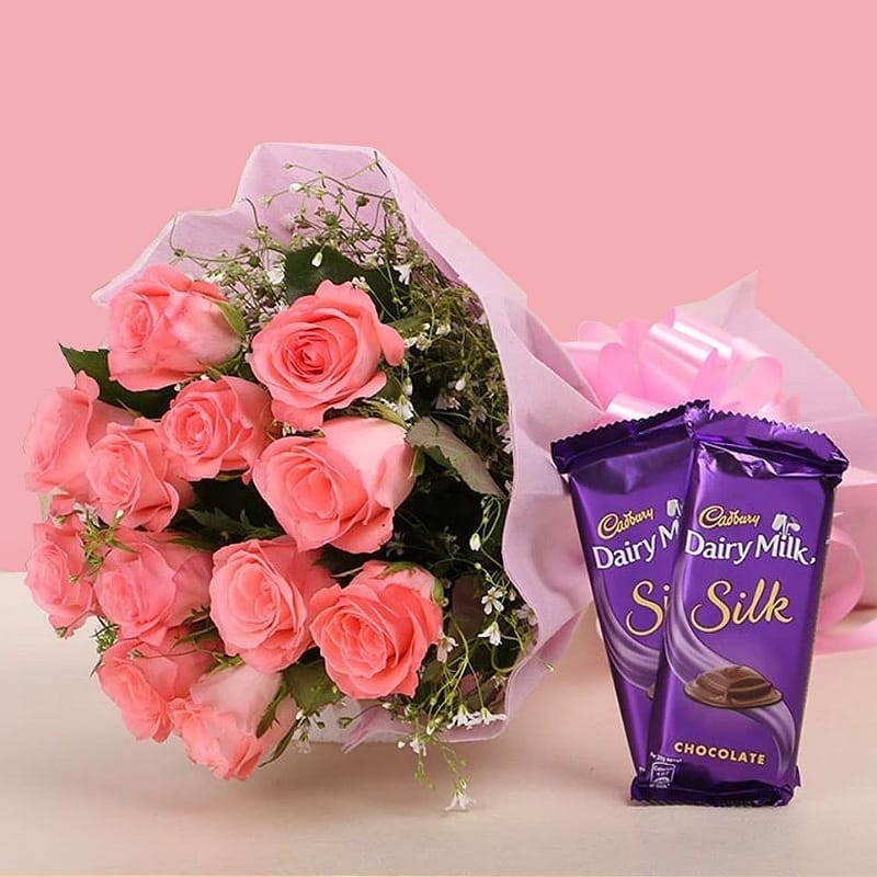 Beautiful Pink Roses N Silk Chocolates