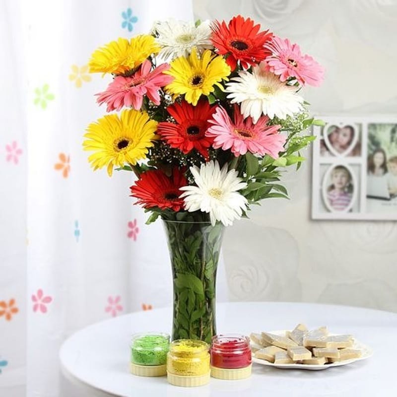 Gerberas With Kaju Katli & Gulal