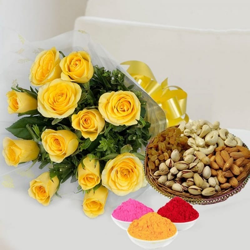 Yellow Roses With Dry Fruits & Gulal