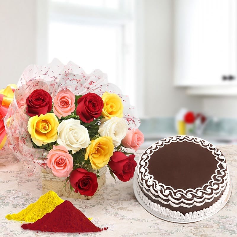 Mixed Roses WIth Cake & Gulal