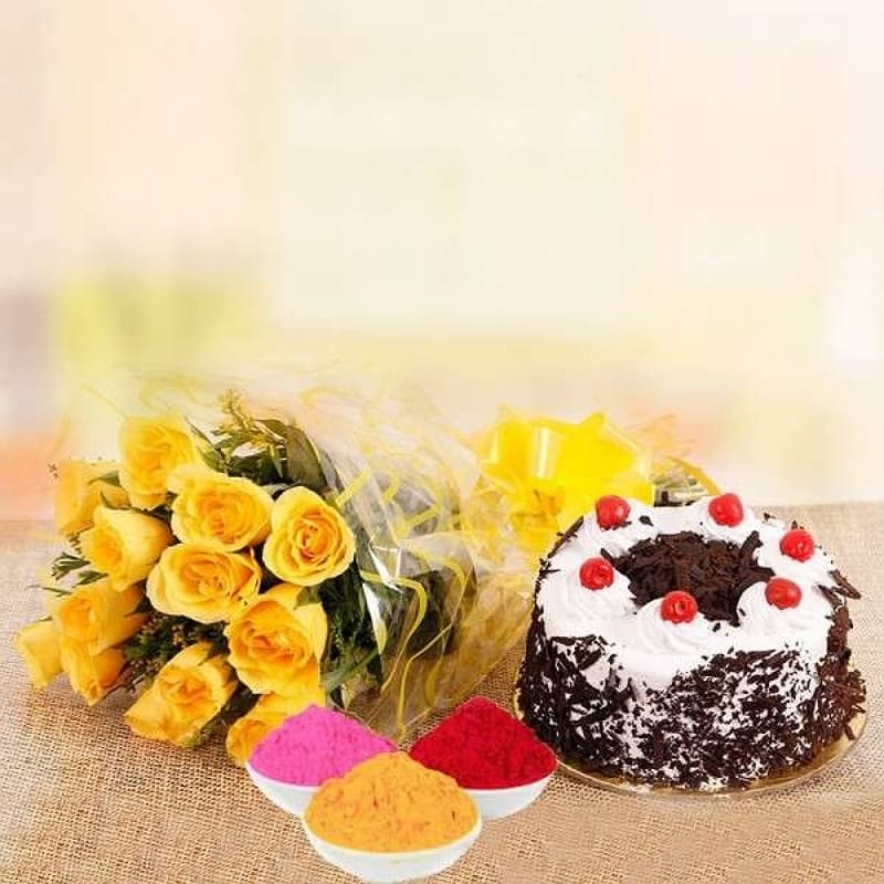 Friendly Roses With Cake & Gulal