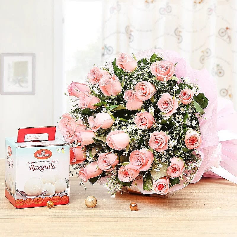 Pink Roses With Rasgulla Holi Gifts