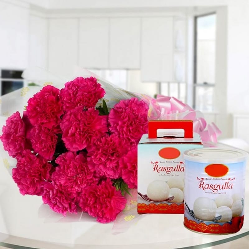 Pink Carnations With Rasgulla Holi Gifts