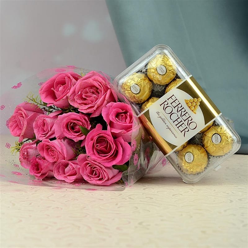 Pink Rose Bouquet With Ferrero Rocher