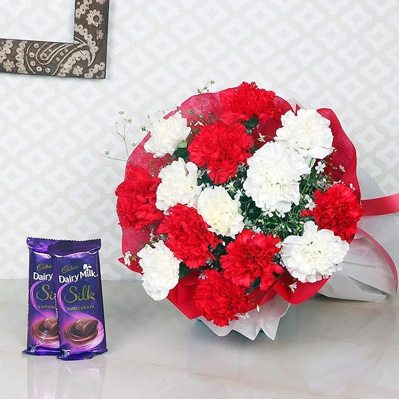 Red & White Carnations With Silk