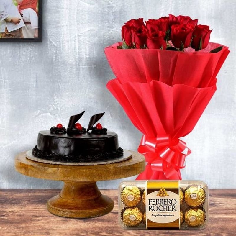 Red Roses With Truffle Cake & Ferrero