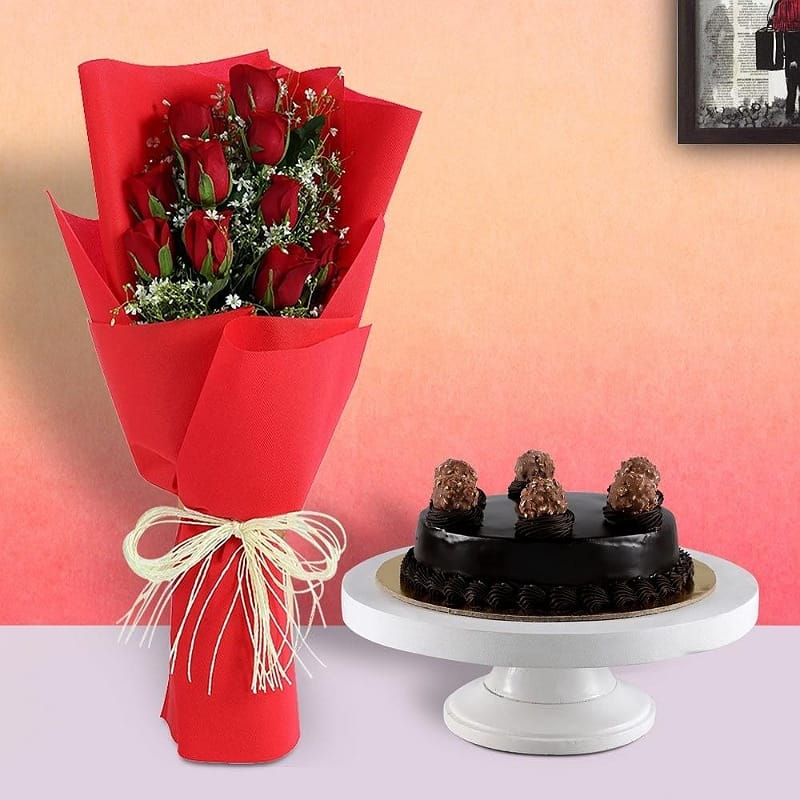 Red Roses With Ferrero Rocher Cake