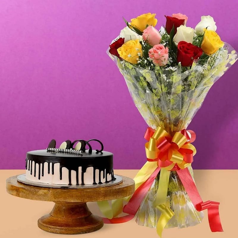 Colorful Roses With Chocolate Cake