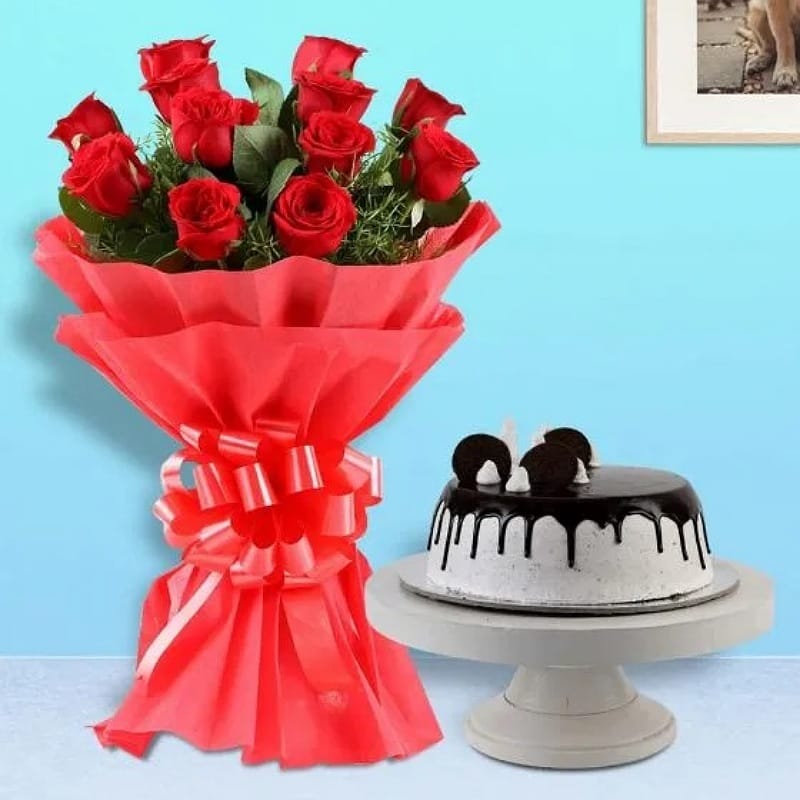 Red Roses With Oreo Cream Cake