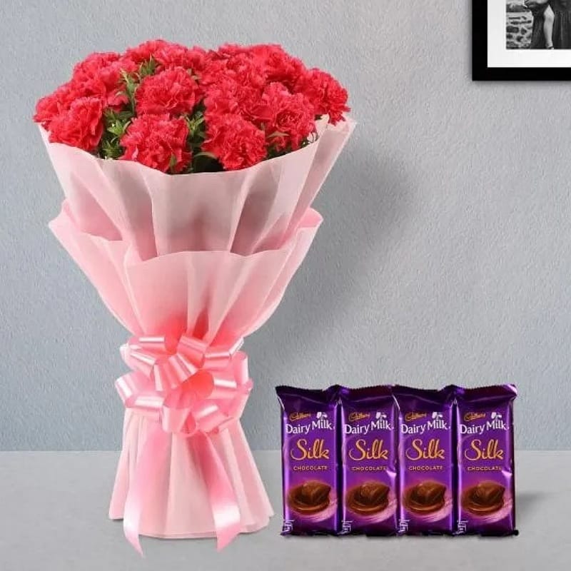 Pink Carnations With Silk Chocolates