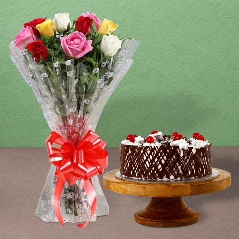 Mixed Roses With Black Forest Cake