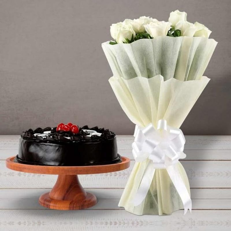 White Roses With Truffle Cake