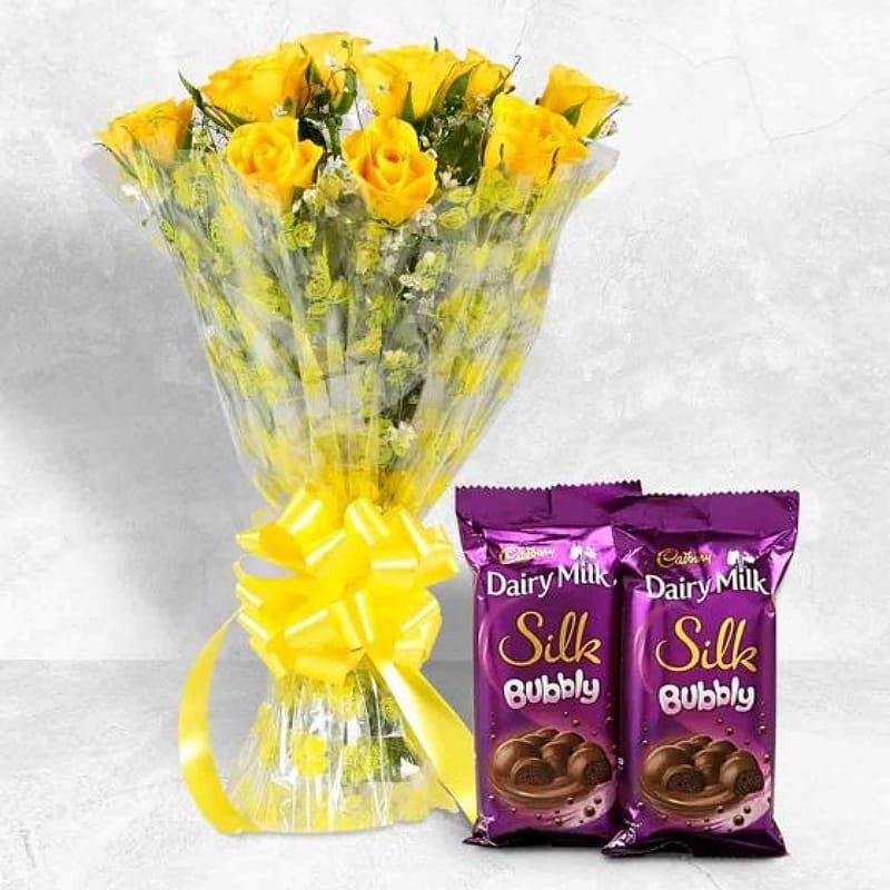 Yellow Roses With Silk Bubbly